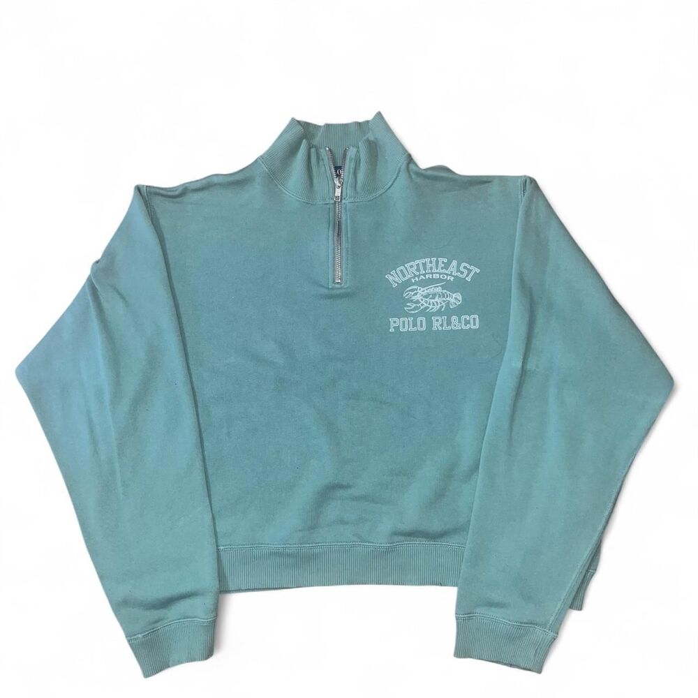 Polo Ralph Lauren Women's Teal Turquoise Cropped Quarter Zip Sweatshirt SZ L